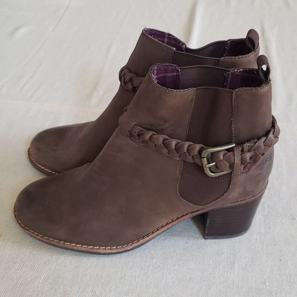Sperry Liberty Distressed Leather Braided Ankle Booties Womens 7 Boho Western